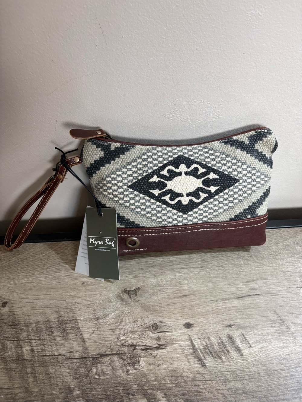 MYRA BAG Geometric RUG Patterned BROWN LEATHER Wristlet POUCH Bag PURSE